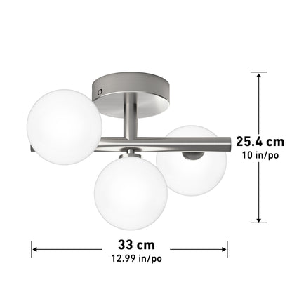 The Artika Bloom LED flush mount features three white glass globes on a brushed metal base and measures 25.4 cm (10 in) high by 33 cm (12.99 in) wide.