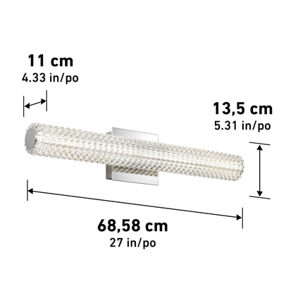 The Artika Exalto LED bathroom vanity light features a wall-mounted cylindrical design with a crystal-like texture and measures 11 cm (4.33 in) diameter, 13.5 cm (5.31 in) depth, and 68.58 cm (27 in) length.