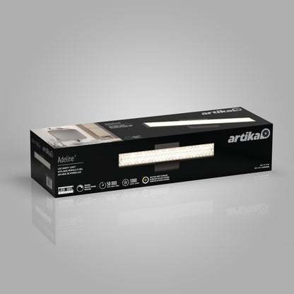 Rectangular black box packaging for the Artika Adeline modern LED bathroom vanity light 3 CCT, displaying product images, brand name, specifications, and icons on a gray gradient background.