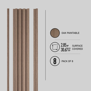 Eight oak-finish slats, inspired by Scandinavian design, are shown on the left. On the right, icons indicate 30.67 ft² coverage and a pack of 8 Artika Panolok wall panels. Light grey background.