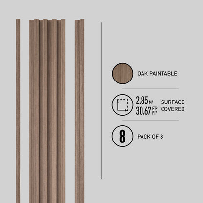 Eight oak-finish slats, inspired by Scandinavian design, are shown on the left. On the right, icons indicate 30.67 ft² coverage and a pack of 8 Artika Panolok wall panels. Light grey background.