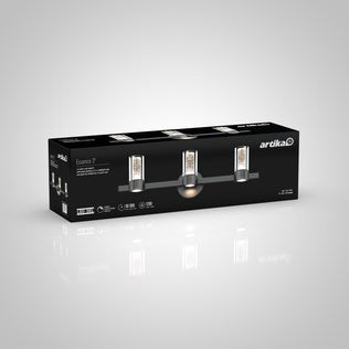Black box packaging for the Artika Novello modern LED vanity light, showing the chrome 3-light fixture and product details on the side.