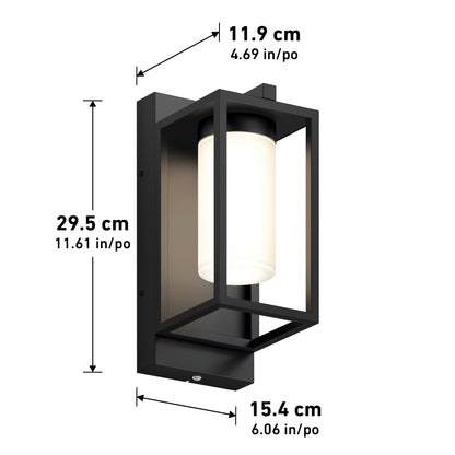 The Artika Aurel Outdoor LED Light, 3CCT, features a black rectangular design with a frosted cylindrical shade and measures 29.5 cm (H) x 11.9 cm (W) x 15.4 cm (D).
