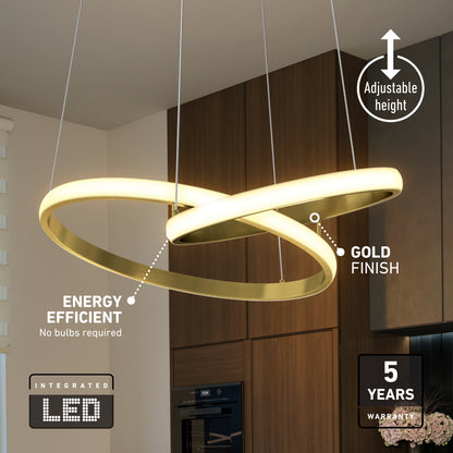 Artika Mora 28″ LED Pendant, 5CCT, gold finish, dimmable, adjustable height, color temp options, 5-year warranty.