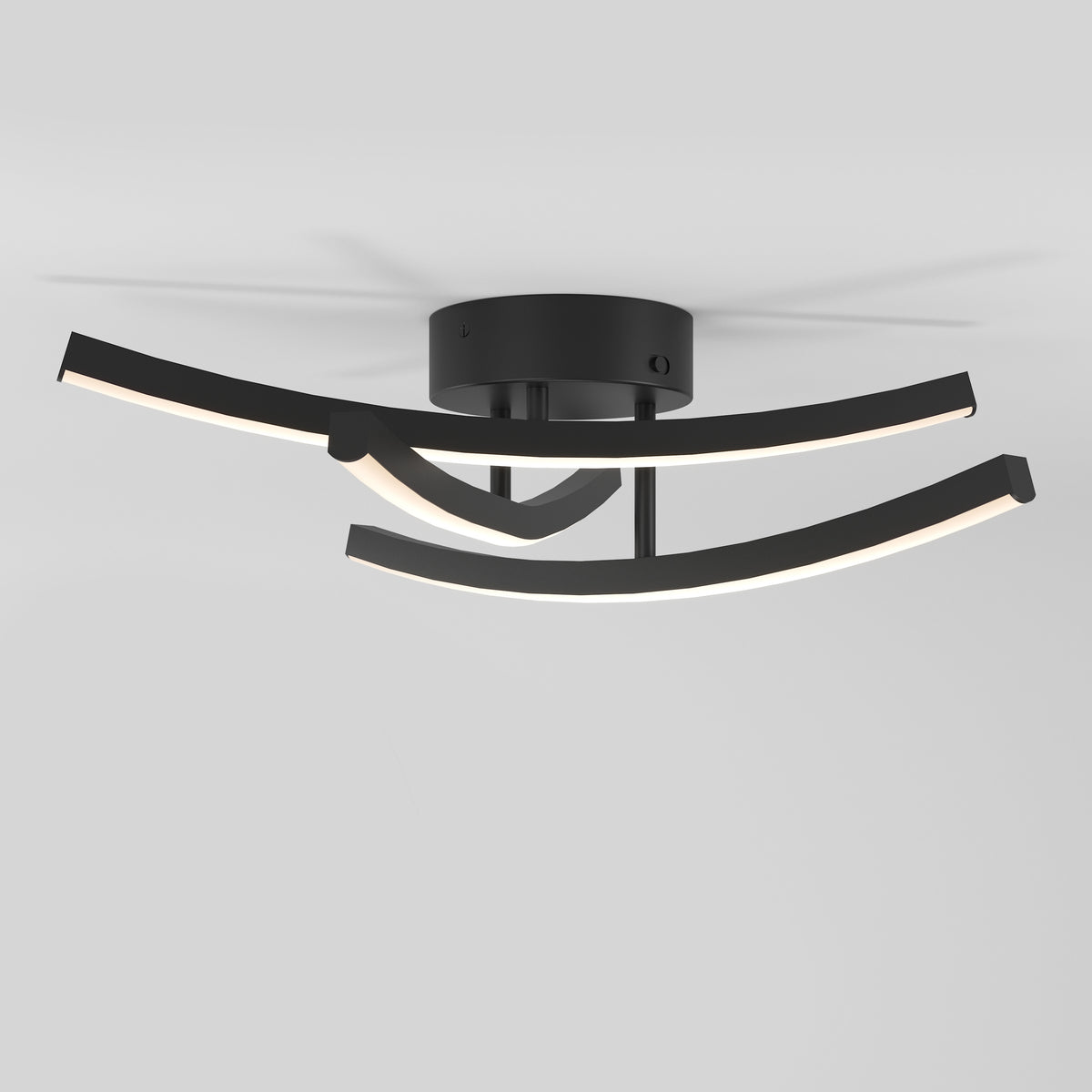 A modern ceiling light fixture with a black circular base and three curved, horizontal LED light bars extending outward in different directions, mounted against a white ceiling.