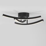 A modern ceiling light fixture with a black circular base and three curved, horizontal LED light bars extending outward in different directions, mounted against a white ceiling.