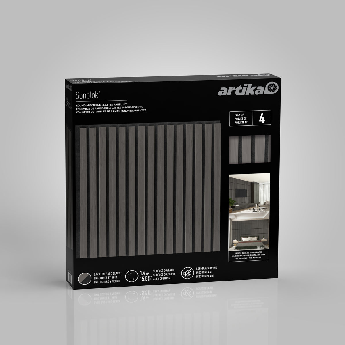 Sonolok Artika sound-absorbing slatted panel kit in gray oak/gray-black, featuring 4 panels. The box shows a striped panel design and photos of the panels installed in modern interior spaces.