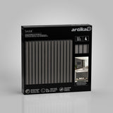 Sonolok Artika sound-absorbing slatted panel kit in gray oak/gray-black, featuring 4 panels. The box shows a striped panel design and photos of the panels installed in modern interior spaces.