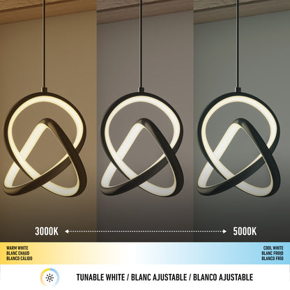 Three Artika Zephyr LED pendant lights display different color temperatures: the left is warm white (3000K), the center is neutral, and the right is cool white (5000K). A color temperature scale runs beneath the pendants.