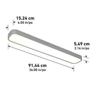 The Artika Europa 36 LED flush mount light with remote features a gray finish, rounded edges, and measures 91.44 cm (36) long, 15.24 cm (6) wide, and 5.49 cm (2.16) tall.