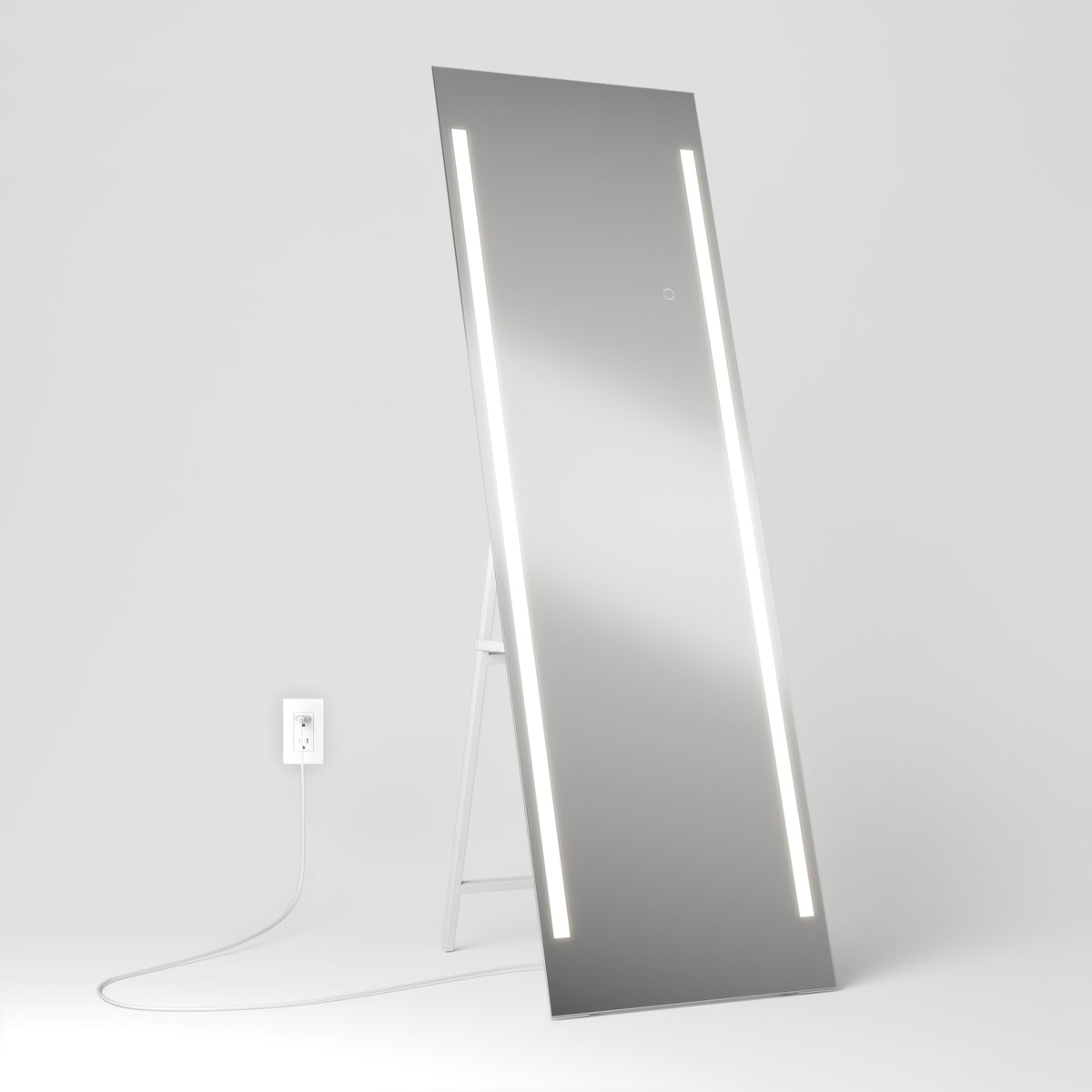 The Artika Emeraude 19"x59" full-length floor mirror features two vertical LED strips and stands on the floor.