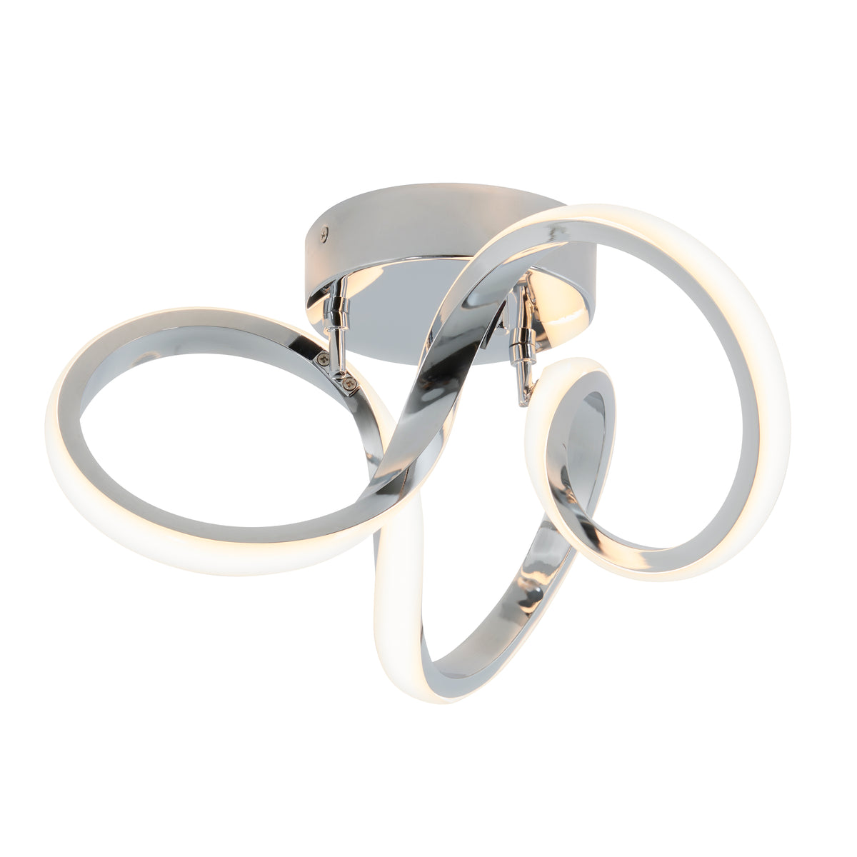 A modern ceiling light fixture with three intertwined, chrome-finished loops, each lined with integrated LED lighting, attached to a circular metallic base.