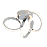 A modern ceiling light fixture with three intertwined, chrome-finished loops, each lined with integrated LED lighting, attached to a circular metallic base.