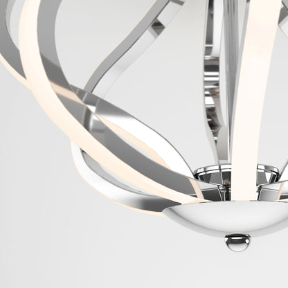 Close-up of the Artika Meridian LED flush mount light—modern chrome and white fixture with curved, intertwining metal arms—set against a plain light gray background.