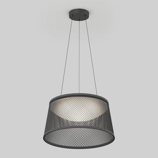 The Artika Adrian LED pendant light 3 CCT features a sleek black mesh metal shade suspended by three thin wires, casting soft illumination against a plain light gray background.