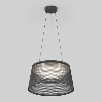 The Artika Adrian LED pendant light 3 CCT features a sleek black mesh metal shade suspended by three thin wires, casting soft illumination against a plain light gray background.
