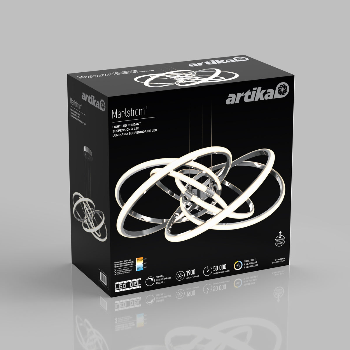 A black Artika box featuring the Maelstrom LED light pendant, with an image of the modern, circular light fixture on the front. The packaging highlights its brightness, energy efficiency, and long lifespan.