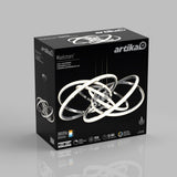 A black Artika box featuring the Maelstrom LED light pendant, with an image of the modern, circular light fixture on the front. The packaging highlights its brightness, energy efficiency, and long lifespan.