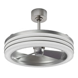 A modern ceiling fan with a circular, metallic frame and integrated LED light, featuring three silver blades enclosed within the ring design. The fan is mounted with a short rod and brushed metal canopy.