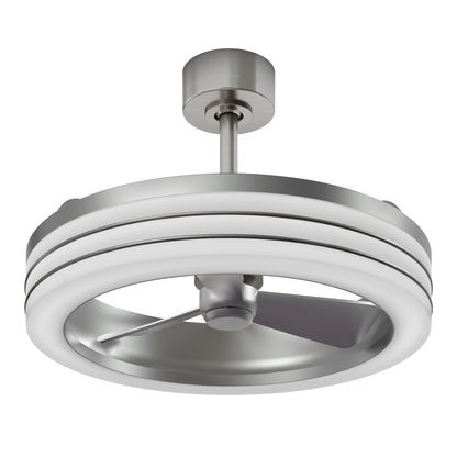 The Artika Horizon 23 in. LED modern ceiling fan features a circular metallic frame, three blades, a sleek brushed metal finish, an edge LED light ring, three speeds, and comes with a remote.