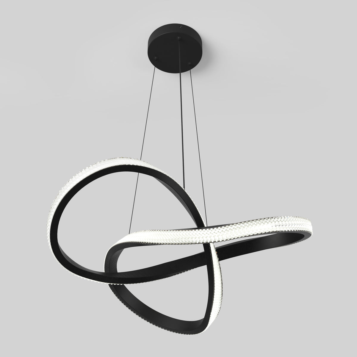 A modern ceiling light fixture with black curved loops and integrated LED lighting, suspended by three thin wires from a round black ceiling mount against a plain light gray background.