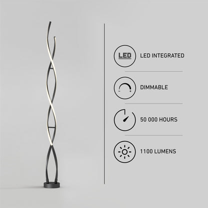 On the left stands the Swirl modern LED floor lamp by Artika; on the right, icons and text showcase features: integrated LED, dimmable, 50,000-hour lifespan, and 1,100 lumens brightness.