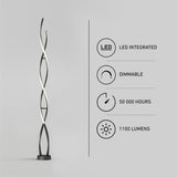 Modern floor lamp with a twisted, sculptural design and a black base, shown on a gray background. Next to it, icons indicate LED integration, dimmable feature, 50,000-hour lifespan, and 1100 lumens brightness.
