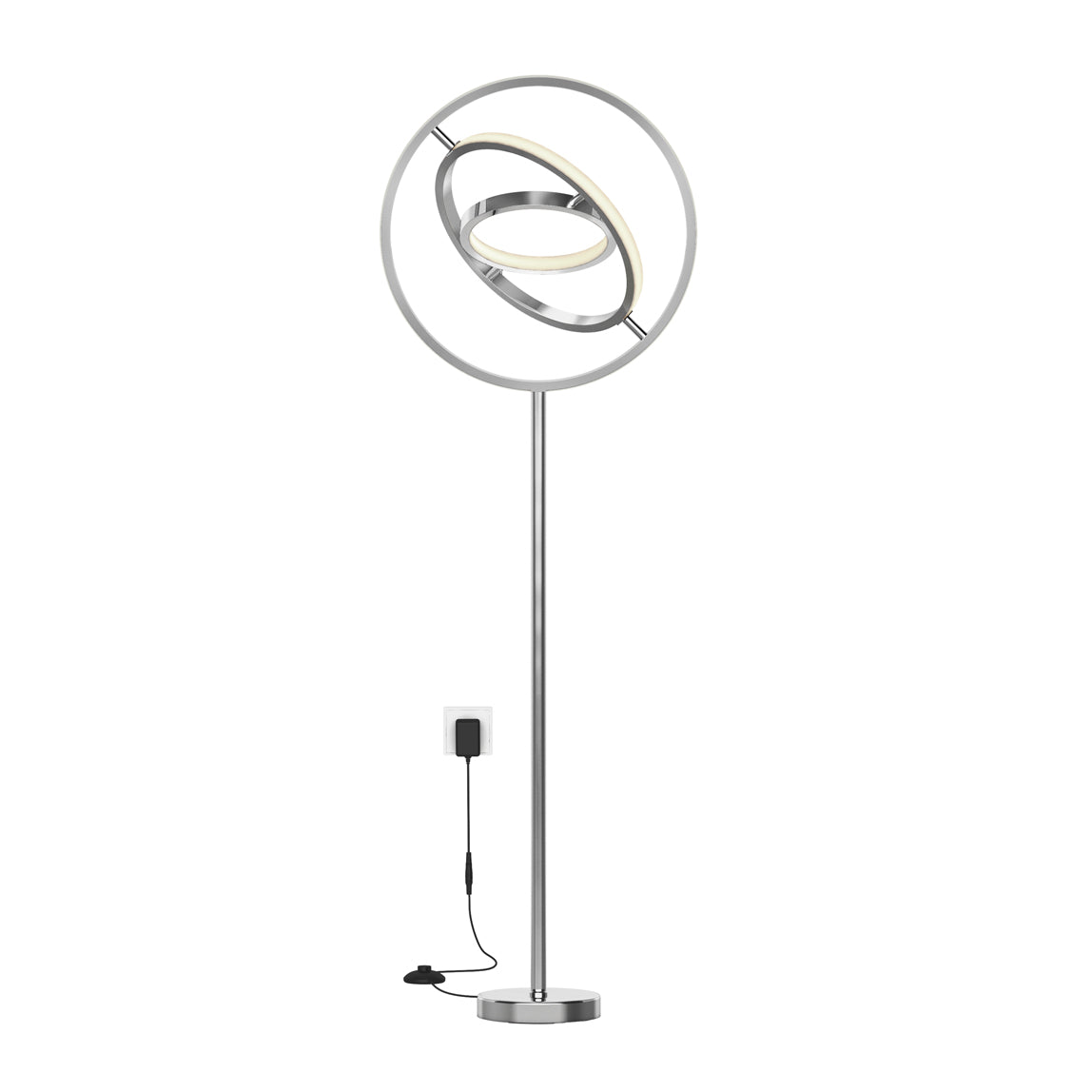 The Artika Pivot modern LED floor lamp 3 CCT features two concentric circular LED rings, a slim silver metal stand, and plugs into a wall outlet.