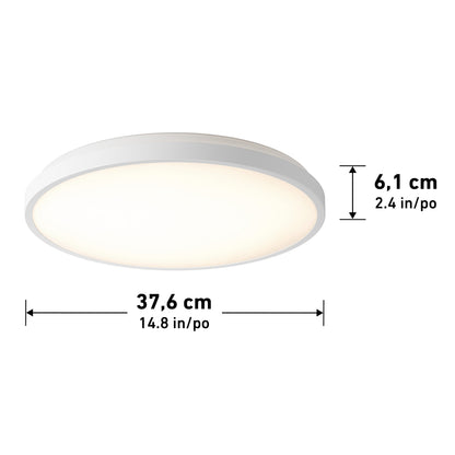 Artika Isara 15″ (38cm) RGBIC LED flush mount ceiling light with interchangeable trim, shown with measurement labels.