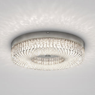 FM Lysara 15 in. LED Fashion Flush Mount Ceiling Light 5 CCT, a round flush mount with a metallic base and layers of faceted glass crystals.