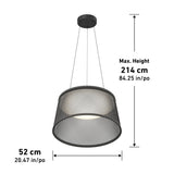 Black mesh pendant light fixture suspended by three cables from a round ceiling mount. The shade is 52 cm (20.47 in) wide and the maximum hanging height is 214 cm (84.25 in).