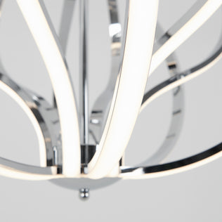 Close-up of the Artika Meridian LED pendant light, featuring curved chrome-finished arms and integrated LED strips, set against a plain light gray background.