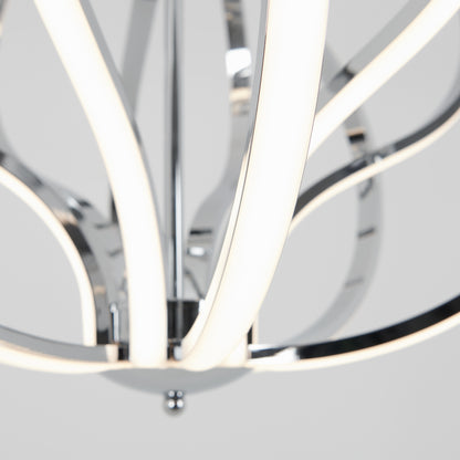 Close-up of the Artika Meridian LED pendant light featuring curved chrome arms and integrated LED strips, set against a plain light grey background.