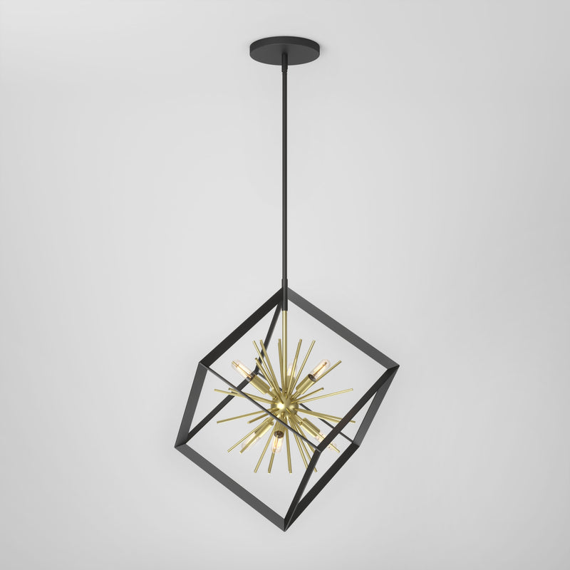 The Artika Nebula 6-light pendant features a gold starburst design within a black open cube frame, suspended by a black rod, shown against a plain white background.