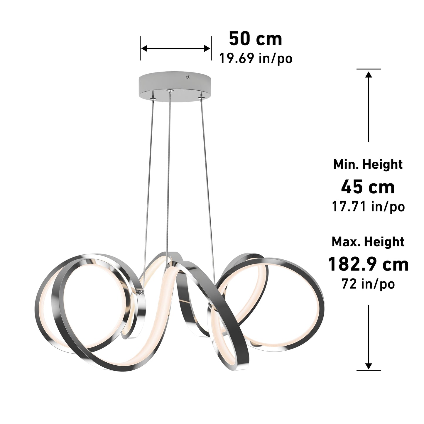 The Artika-CAN-dev Swirl Ribbon LED pendant light features three loops with integrated LEDs, is 50 cm (19.69 in) wide, and has an adjustable hanging height from 45 cm (17.71 in) to 182.9 cm (72 in).