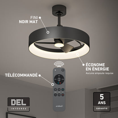 Artika Austin 23 in. LED modern fandelier, a matte black ceiling fan with an integrated LED light, remote, and energy efficiency and warranty labels.