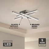 Modern ceiling light with intersecting LED bars, labeled “Plastic diffuser, no bulbs required,” and “Brushed nickel finish.” Icons show “Integrated LED” and “5 years warranty.” The light is mounted in a corner of a room.