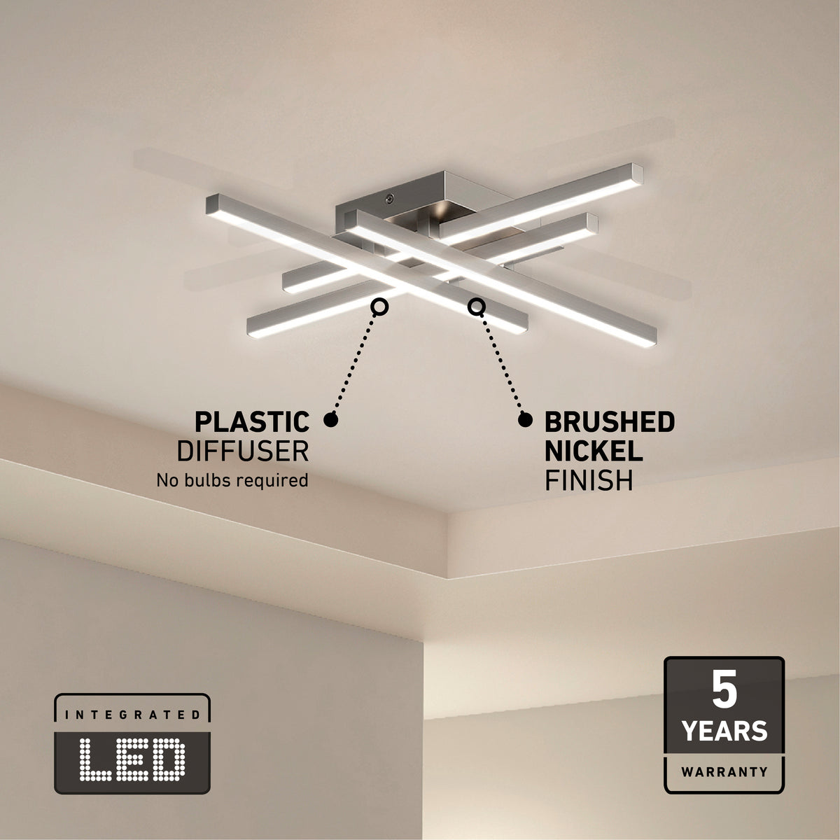 Artika’s Grid LED flush mount features intersecting LED bars, a plastic diffuser, and brushed nickel finish. This modern ceiling light offers integrated LEDs, a 5-year warranty, and installs easily on a white ceiling.
