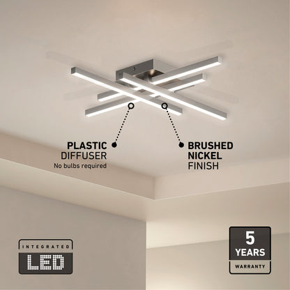 Artika’s Grid LED flush mount features intersecting LED bars, a plastic diffuser, and brushed nickel finish. This modern ceiling light offers integrated LEDs, a 5-year warranty, and installs easily on a white ceiling.