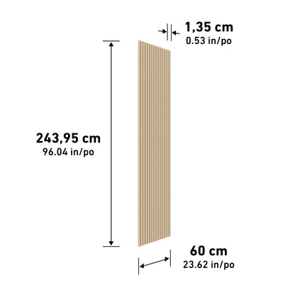 A rectangular wood panel with vertical grooves, measuring 243.95 cm (96.04 in) tall, 60 cm (23.62 in) wide, and 1.35 cm (0.53 in) thick. Dimensions are labeled in both centimeters and inches.