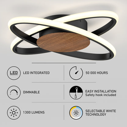 The Artika Atomic 15 in. LED flush mount light features two intersecting LED rings, a wooden central base, and icons for LED integrated, dimmable, 1300 lumens, 50,000-hour lifespan, easy installation, and selectable white (5 CCT) technology.