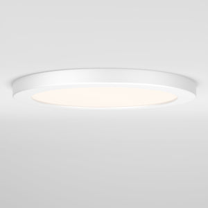 The Artika Europa Disk 9 in. LED modern flush mount light, in white, is illuminated against a plain white ceiling.
