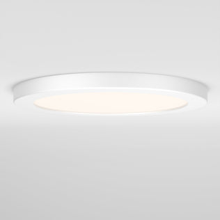 The Artika Europa Disk 9 in. LED modern flush mount light, in white, is illuminated against a plain white ceiling.