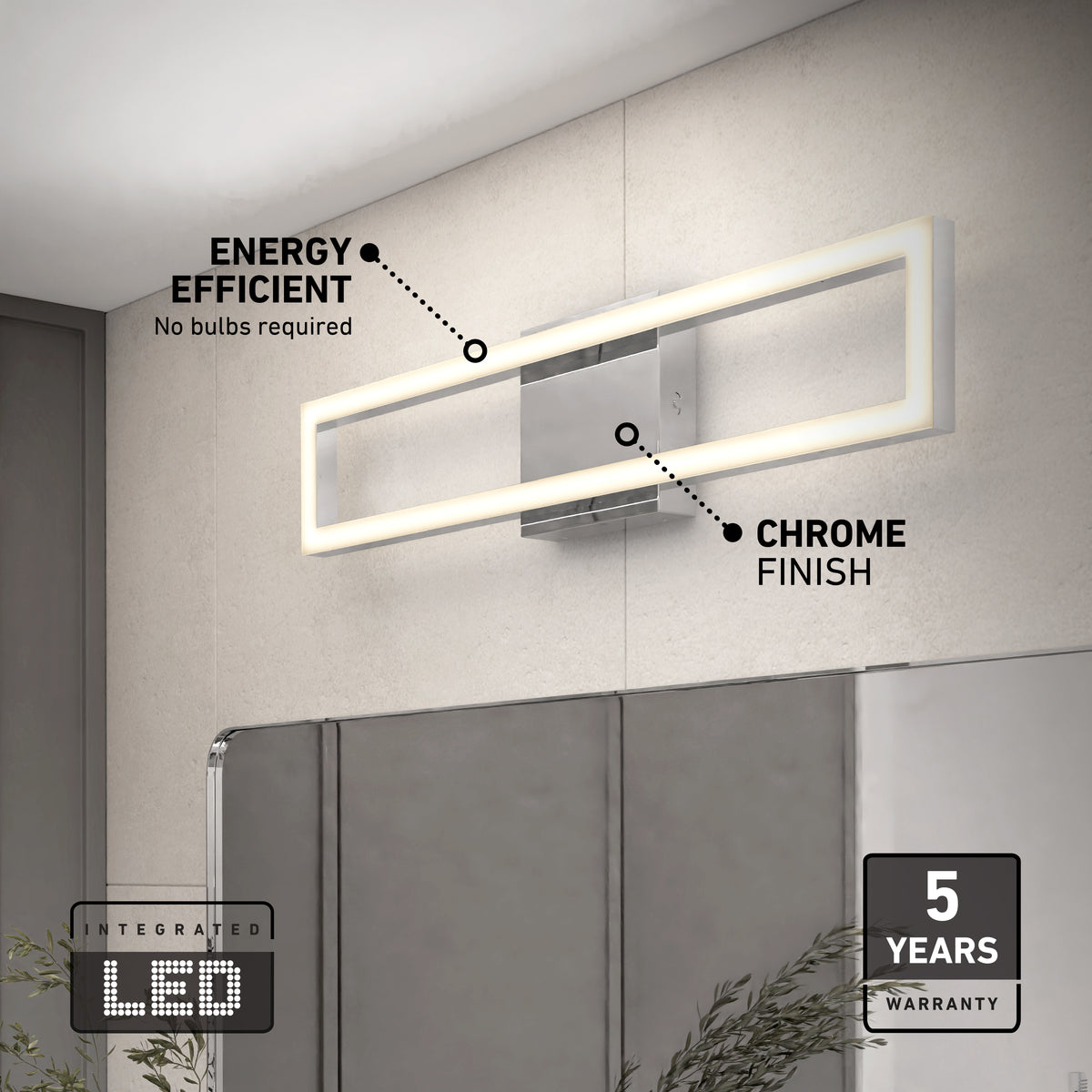 The Artika Dover modern LED bathroom vanity light 5 CCT, with a sleek chrome finish and integrated LED, is mounted above a mirror. Text notes its energy efficiency and 5-year warranty. Green plants appear at the bottom of the image.