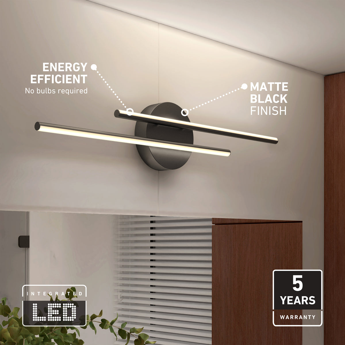 Artika Cisco 27″ LED vanity light bar, matte black, 5-CCT adjustable, energy efficient, 5-year warranty.