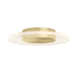 The Artika Essence Disk LED flush mount features a round, flat frosted glass shade with a subtle sparkle and a sleek metallic gold base.