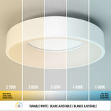 A ceiling light displays five different white color temperatures, ranging from warm yellowish white (2700K) to cool blueish white (5000K), with the names and Kelvin values labeled in English, French, and Spanish.