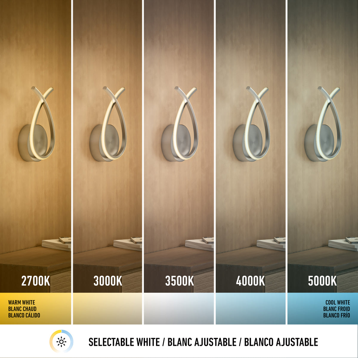 Wall light is shown in five panels, each with different color temperatures: 2700K (warm), 3000K, 3500K, 4000K, and 5000K (cool). The changing light affects the color and mood of the room.