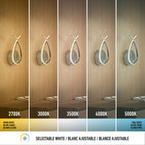 Wall light is shown in five panels, each with different color temperatures: 2700K (warm), 3000K, 3500K, 4000K, and 5000K (cool). The changing light affects the color and mood of the room.