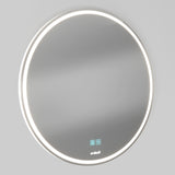 A round, wall-mounted mirror with an illuminated LED border and touch control icons on the surface, set against a plain light gray background.